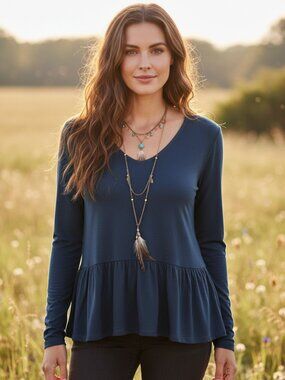 NEW Loft Womens S Blue Gray Peplum V Neck Knit Top Casual Boho Cottage Retro